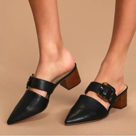 Sole Society Shoes - Sole Society Black Leather mules with Buckle and stacked heel